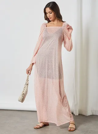 Dot Print Sheer Dress Pink 