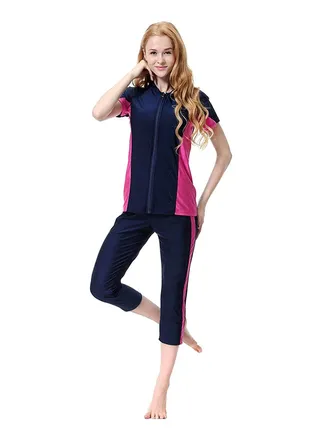 2-Pieces Padded Patchwork Modest Islamic Swimwear 1062919QQ Dark Blue/Pink 