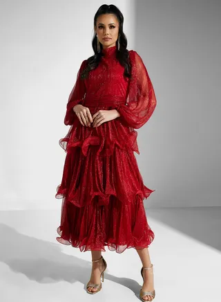Puff Sleeve Ruffle Dress
