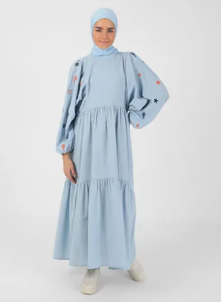 Embroidered Balloon Sleeve Dress