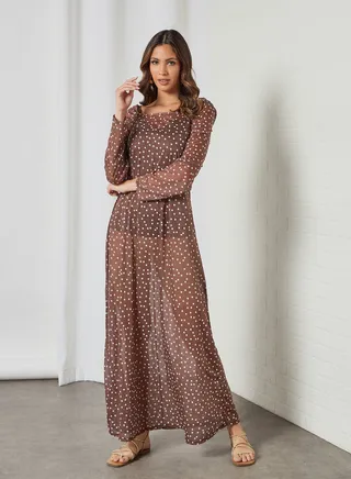Dot Print Sheer Dress Brown 