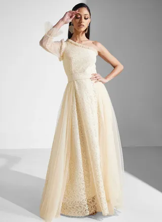 One Shoulder Mesh Tiered Dress 