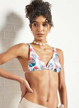 Floral Print Triangle Bralette White 
