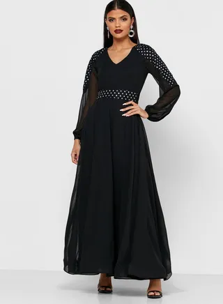 Sheer Puff Sleeves Dress Black 