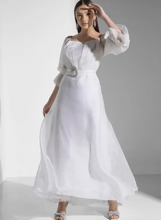 Flute Sleeve Belted Mesh Dress 