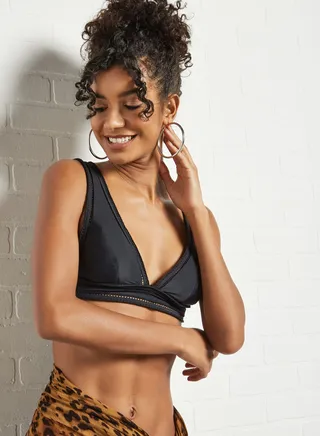 Lace Panel Triangle Bikini Top Black 