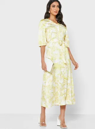 V-Neck Printed Tie Detail Dress 