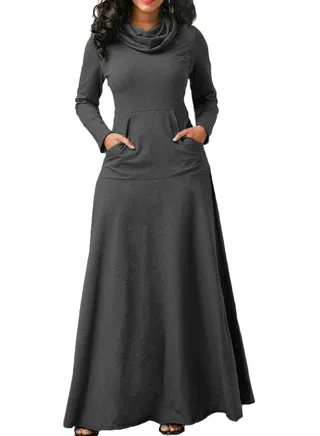 Long sleeve long skirt pile collar pocket mid-length scarf and large swing slim dress 