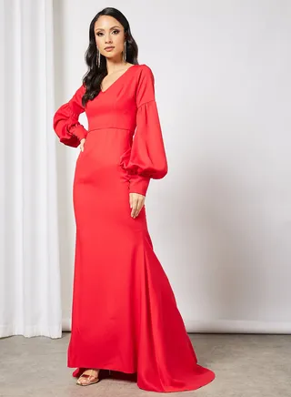 Balloon Sleeve Bodycon Dress Red 