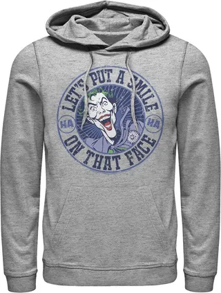 Men's Batman Joker Let's Put a Smile On That Face Pull Over Hoodie - Athletic Heather - Small