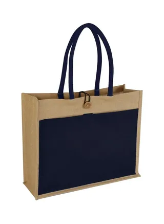Jute Shopping Bag with Wooden Button and Blue pocket 