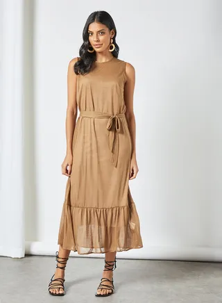 Tie Waist Ruffle Hem Dress Brown 