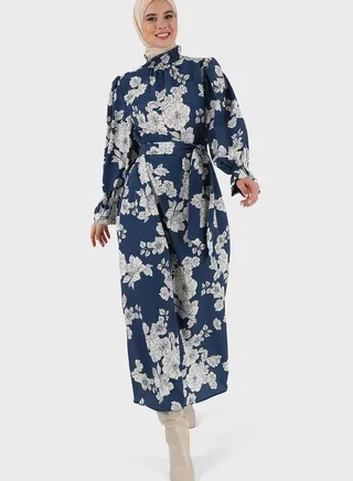Floral Print High Neck Puff Sleeve Dress 