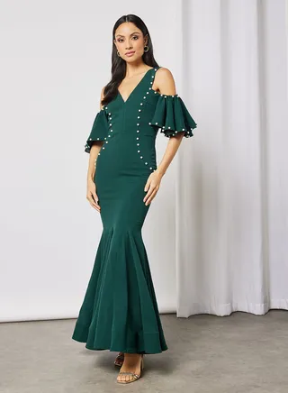 Faux Pearl Detailed Bodycon Dress Green 
