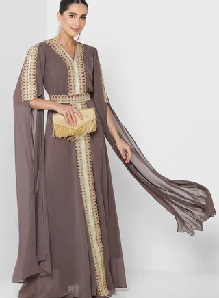 Split Mesh Embellished Belted Dress 