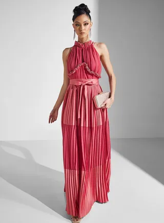 Plisse Color Block Knot Detail Dress 