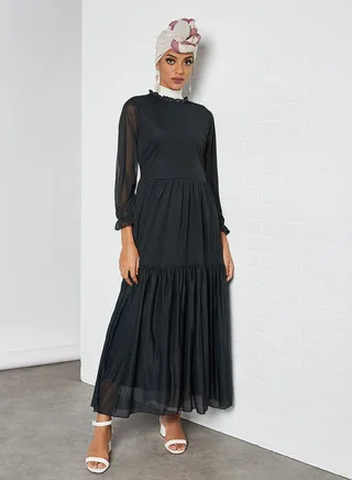 High Neck Tiered Dress Black 