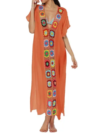 Summer-Side Open Beach Dress Red Orange 