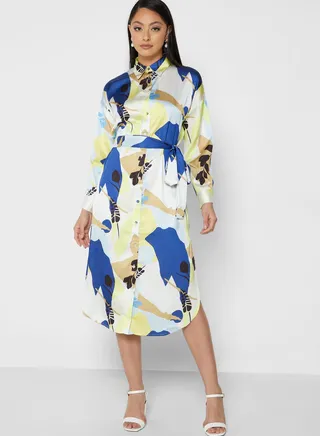 Button Down Side Slit Printed Dress 