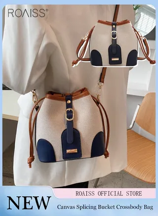 Women's Canvas Pu Leather Patchwork Bucket Crossbody Bag Large Capacity Drawstring Design With Adjustable Shoulder Strap Shoulder Bag 