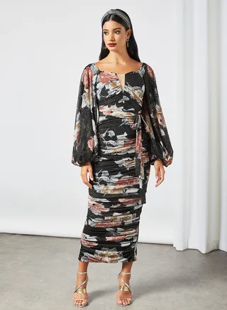 Floral Draped Bar Dot Dress Multicolour 