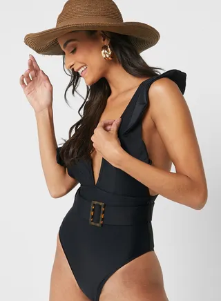Plunge Neck Belted One Piece 