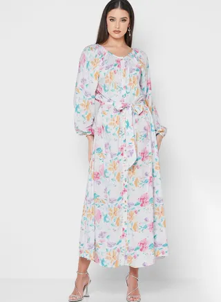 Cuffed Sleeve Floral Dress 