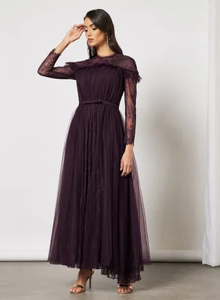 Mesh Overlay Lace Dress Purple 