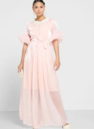 Balloon Sleeve Broidered Tiered Dress