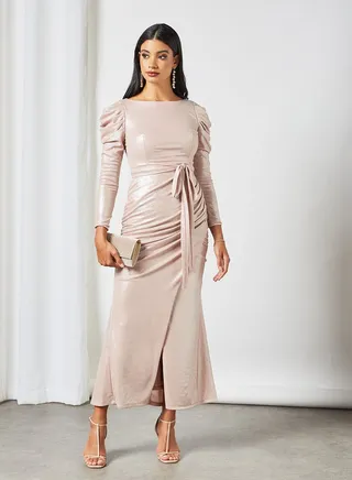 Wrap-Over Bar Dot Dress Pink 