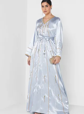 Embellished V-Neck Belted Jalabiya 