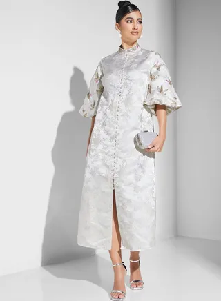 Balloon Sleeve Button Detail Dress