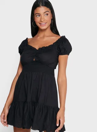 Puff Sleeve Shirred Mini Dress 
