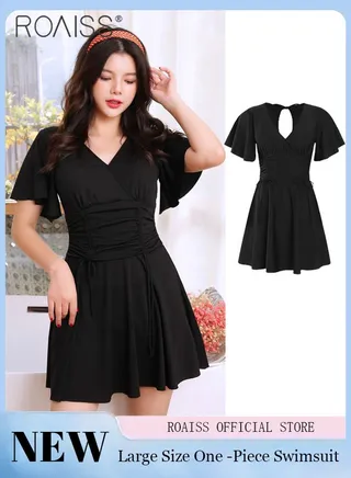 Women'S Plus Size Swimsuit Dress Classic V-Neck Ruffle Short Sleeves Drawstring Pleats At Belly A-Line Pleated Skirt Inner Privacy Boxer Shorts 