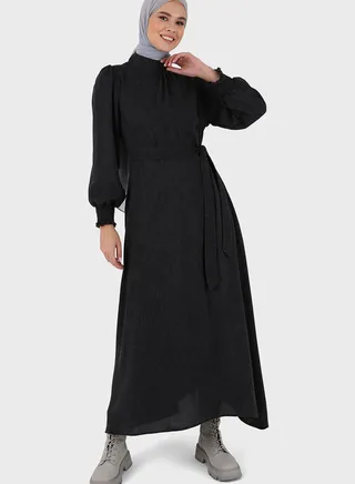Balloon Sleeve Belted Dress 