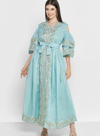 Ruffle Sleeve Belted Embroidered Dress 