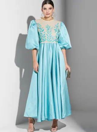 Embroidered Puffed Sleeve Dress 