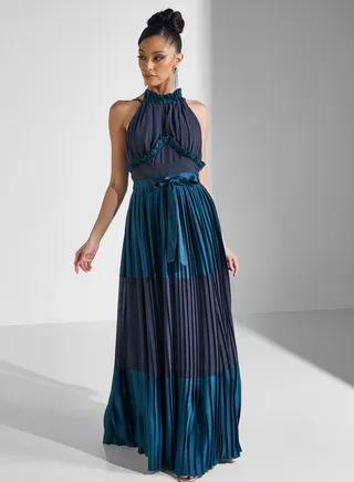 Plisse Color Block Knot Detail Dress 