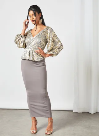 Stylish Top And Skirt Set Grey/Gold 