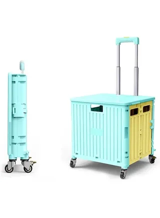 50L Foldable Shopping Trolley with Lid and 360 Degree Swivel Wheels, Heavy Duty Grocery Storage Utility Rolling Hand Cart for Daily Use - Green/Yellow 