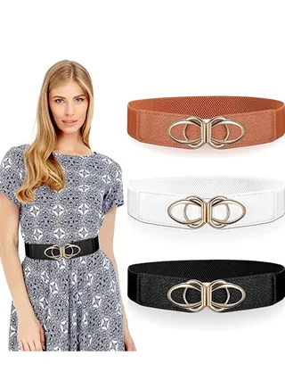 Women Wide Elastic Waist Belt, 3 Pieces Ladies Retro Cinch Stretchy Stylish Dress Belts PU Leather with buckle Waistband 