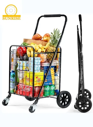 SUNRISE Shopping Cart with Wheels, Collapsible Design, Heavy Duty Shopping Cart, Utility Cart for Grocery, Laundry, Luggage 
