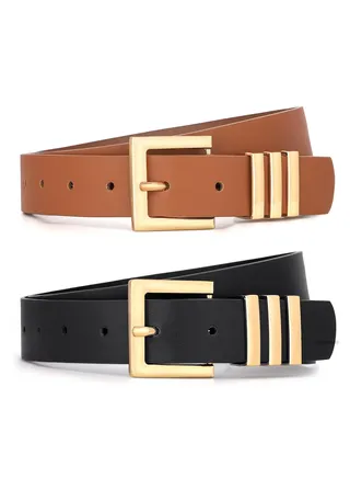2-Pack Fashion Leather Belts for Women with Square Gold Buckle - Versatile and Durable Belts for Jeans, Pants, and Dresses 