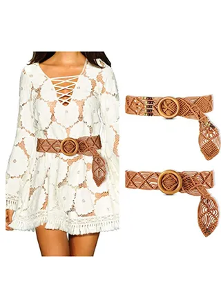 Bohemian Rope Belt Boho Straw Hippie Braid Waist Retro Woven for Dresses Skirts Women Brown 2 Pieces 
