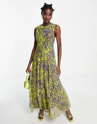 Topshop bright animal mesh midi sleeveless dress in multi