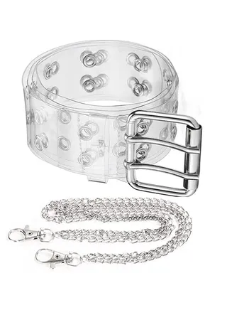 Clear Belt Double Grommet Belt with Punk Rock Chain Double Prong Leather Belt Cute Belt Sweet Cool Style for Women 