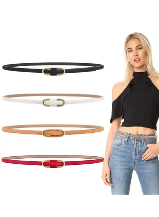 Leather Belts Women Skinny Super Slim Thin Waist Jeans Belt No Pin Buckle for Jeans Pants Dress 4 Pieces 