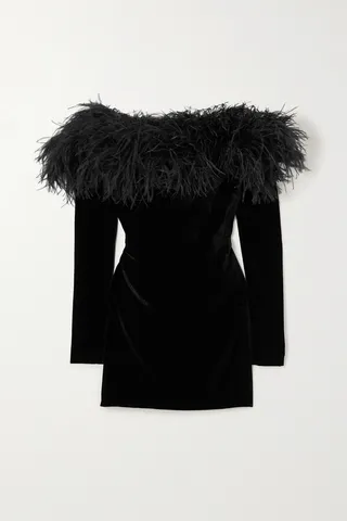 Alessandra Rich - Off-the-shoulder Feather-trimmed Stretch-velvet Mini Dress - Black