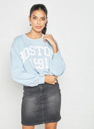 Slogan Crop Sweatshirt Blue 