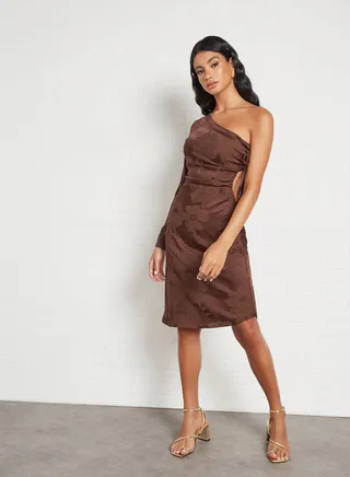 Floral Jacquard One Sleeve Dress Brown 